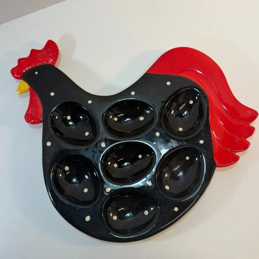 Rooster Deviled Egg Platter LTD Commodities Black Red Polka Dot Ceramic Deviled